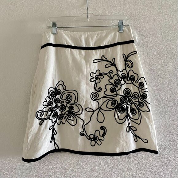 Camille le‎ Vie Linen Black And White A Line Embroidered Skirt Womens Size 8 - Picture 7 of 13